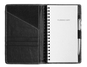 inside view of green leather pocket planner